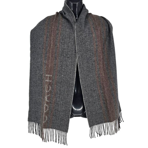 Coach Wool Cashmere Scarf Herringbone & Stripe With Fringe 12"x66" Quiet Luxury - Picture 2 of 9